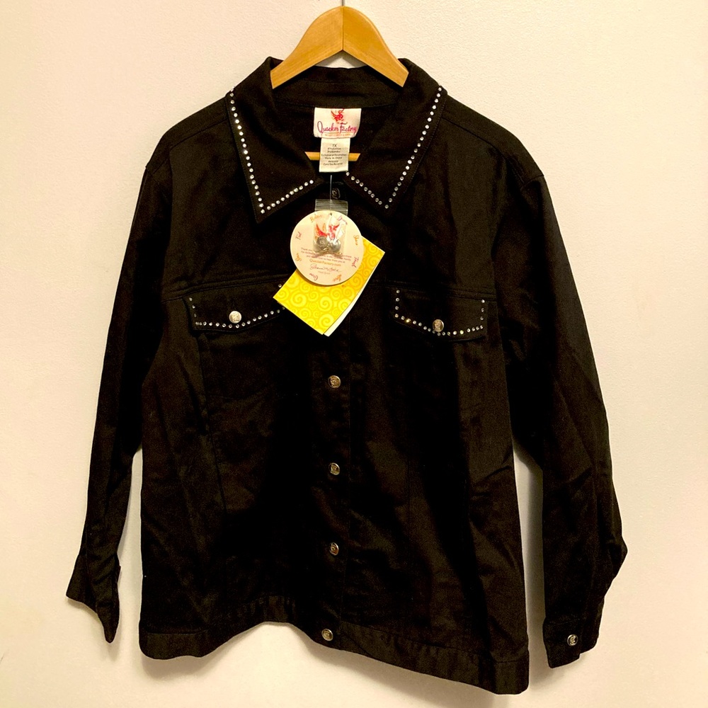 Quacker Factory angel wings rhinestone black jean jacket 1x